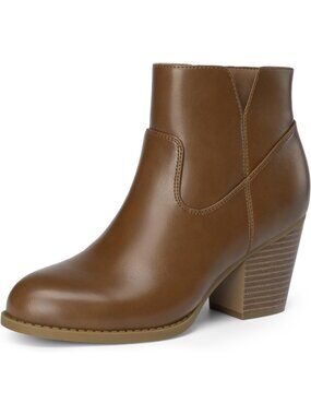 Women's Tan Chunky Heeled Comfortable Round Toe with Side Zipper Ankle Booties